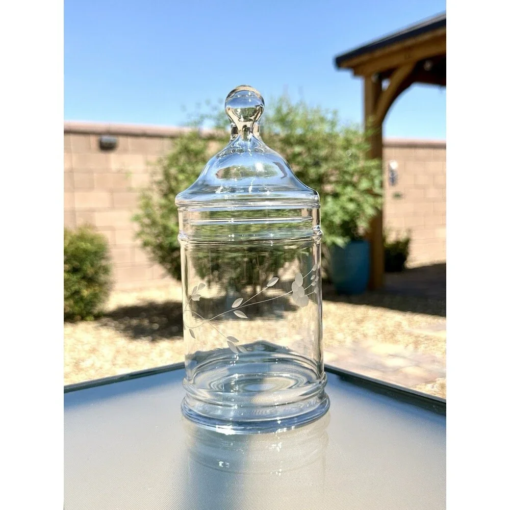 Princess House Heritage Crystal Glass Apothecary Jar w/ Lid Etched Glass 8 1/4